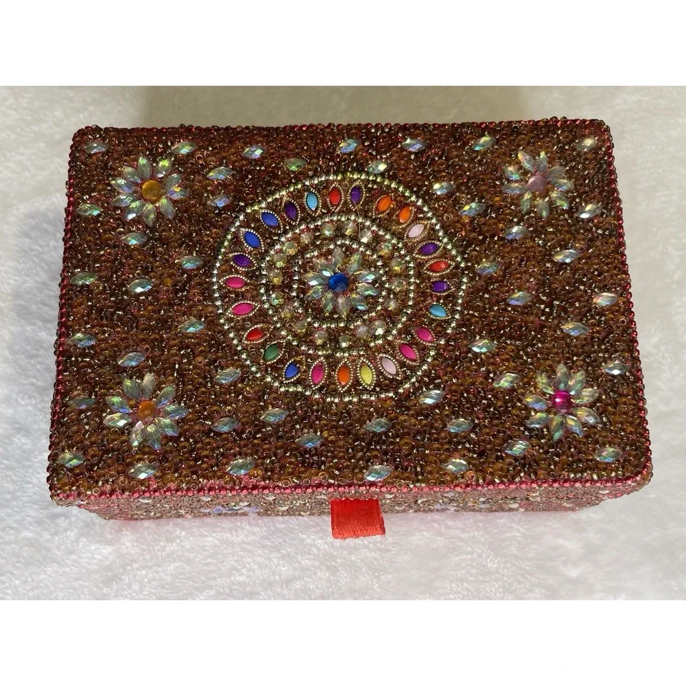 Red Beaded & Sequins Satin Mirror Jewelry Box Removeable Tray Rings